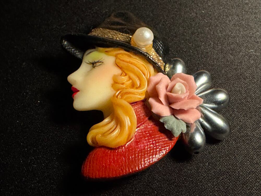 Vintage 1980's Flapper Style Hand Painted Brooch
